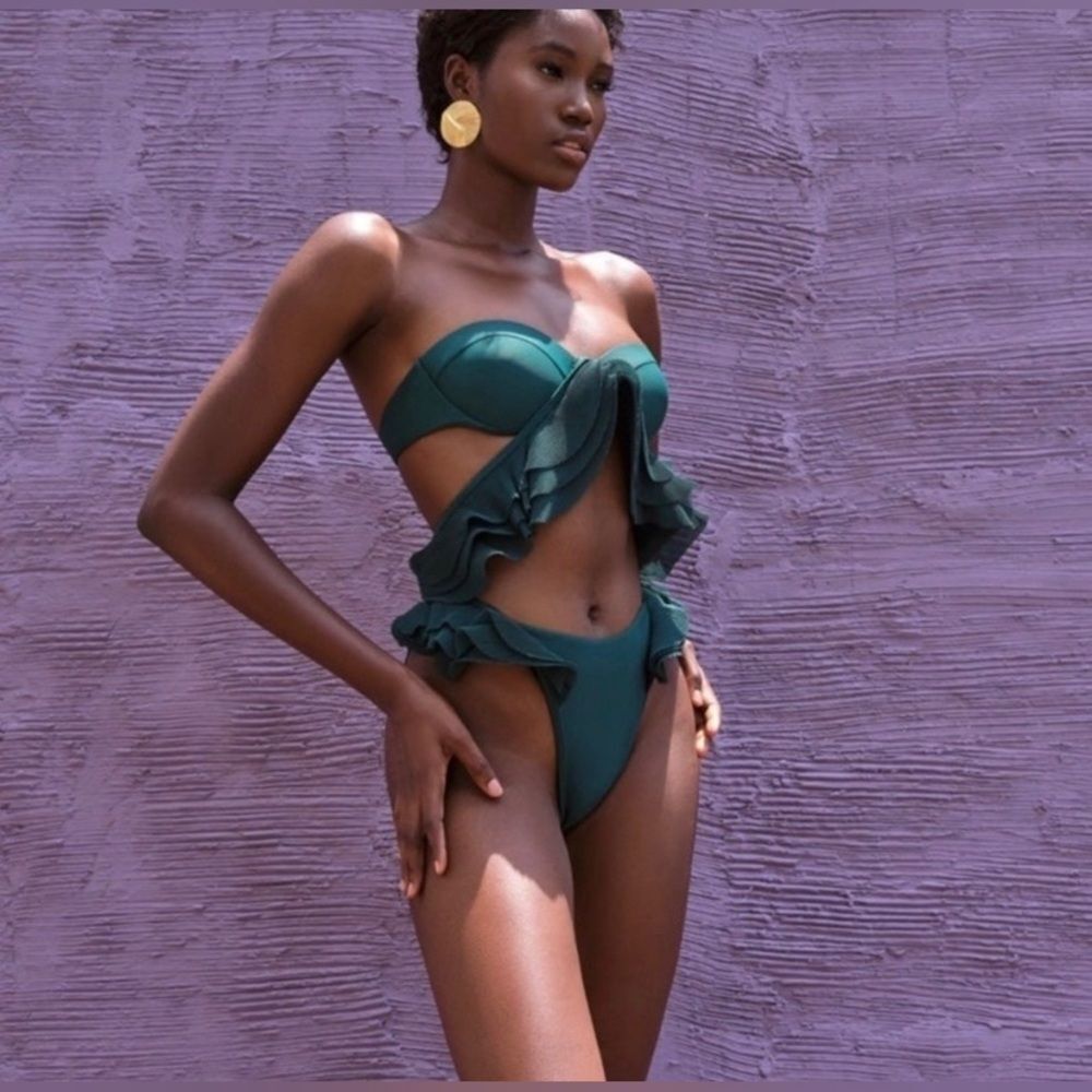 Andrea Iyamah Salama Green Underwire High Waist Bikini Set XXL Ruffle Swimwear
